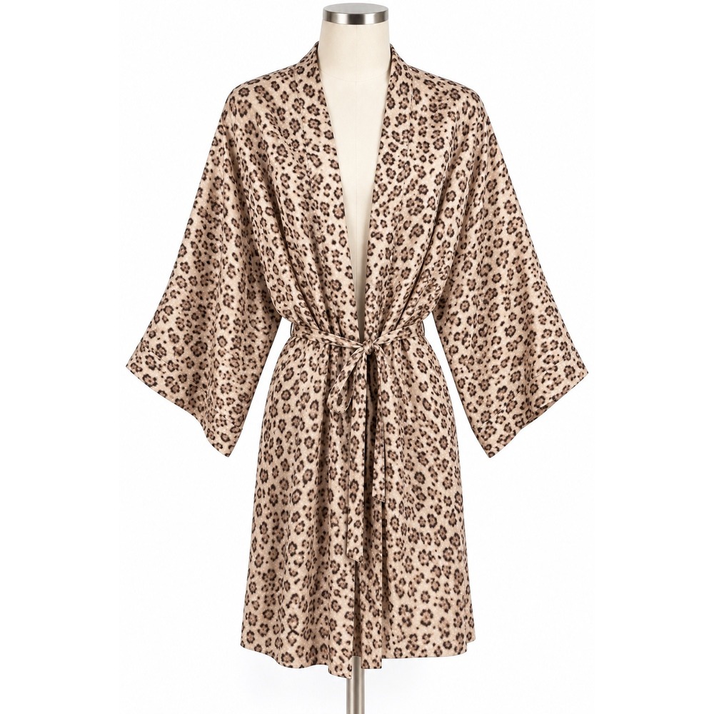 Valerie Stevens Robe Womens Medium Tan Leopard Print Kimono Sleeve Mob Wives